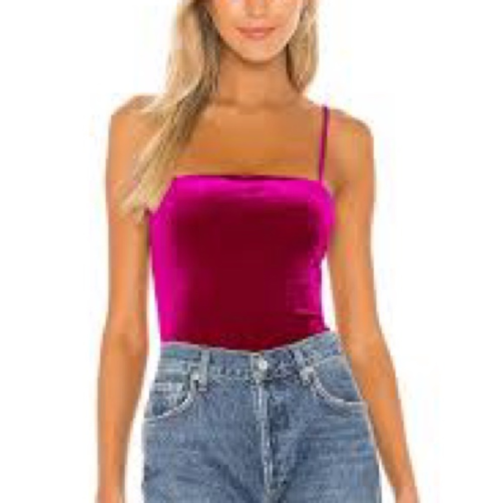 Lovers + Friends Fuchsia Velvet Square-Neck Spaghetti Strap Bodysuit